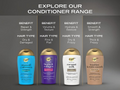 LGK hair care products with benefits and hair type targets on a gray background