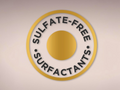 Circular badge with 'Sulfate-Free Surfactants' text on a beige background