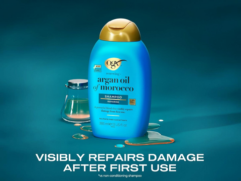 Blue shampoo bottle with gold cap on a blue background, featuring text about repair properties.