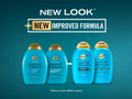 Two bottles of OGX shampoo with a blue background and text about a new look and improved formula.