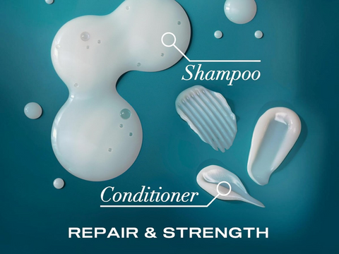 Shampoo and conditioner bottles with labels on a blue background