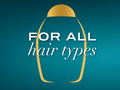 Gold hair bun holder with 'For all hair types' text on a blue background