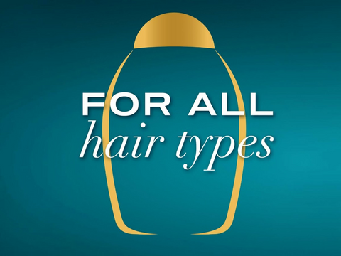 Gold hair bun holder with 'For all hair types' text on a blue background