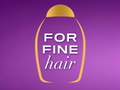 Bottle-shaped logo for hair product with 'FOR FINE hair' text on a purple background