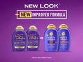 OGX thick & full + biotin & collagen shampoo and conditioner bottles on a purple background with text about new look and improved formula.