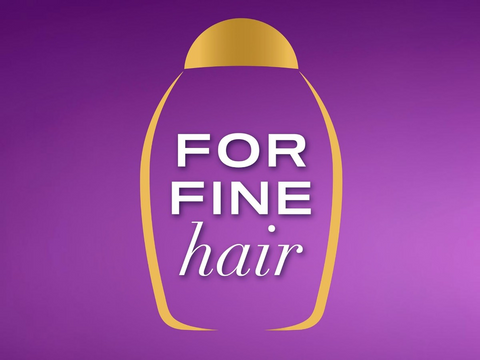 Bottle-shaped logo for hair product with 'FOR FINE hair' text on a purple background