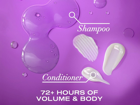 Shampoo and conditioner with droplets on a purple background