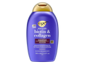 Purple shampoo bottle with gold cap on a white background