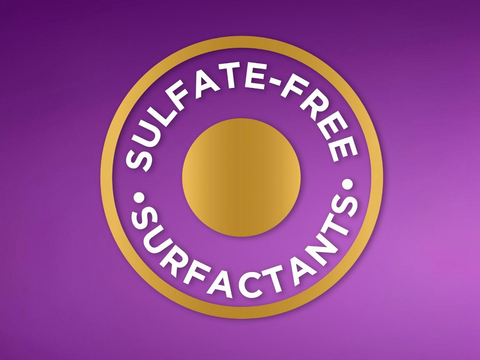 Logo with 'Sulfate-Free Surfactants' text on a purple background