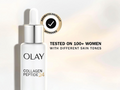 Olay Collagen Peptide 24 skincare serum bottle with a dermatologically approved badge on a light background.