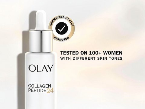 Olay Collagen Peptide 24 skincare serum bottle with a dermatologically approved badge on a light background.