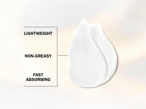 White droplet with text describing properties on a light gray background