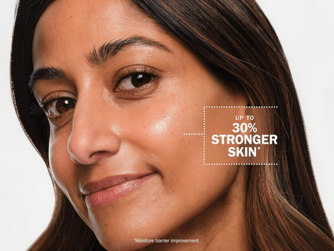 Woman's face with text indicating 'Up to 30% Stronger Skin' on a white background