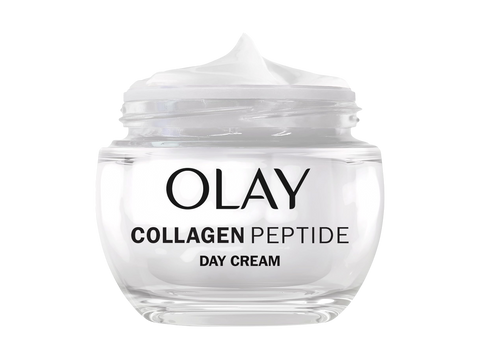 Olay Collagen Peptide Day Cream jar on a white background