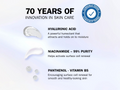 Skincare product features with text on a light blue background
