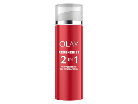 Red Olay Regenerist 2-in-1 skincare bottle on a white background