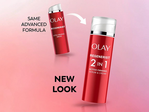 Two Olay Regenerist skincare products on a gradient pink background