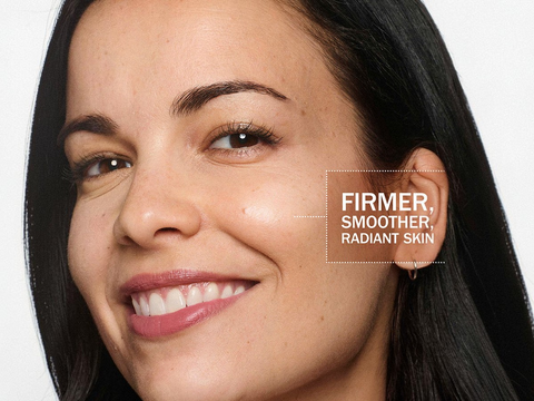Woman's face with text 'Firmer, Smoother, Radiant Skin' on a white background