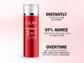 Olay Regenerist 2-in-1 serum and cream bottle with promotional text on a pink background