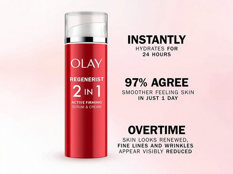 Olay Regenerist 2-in-1 serum and cream bottle with promotional text on a pink background
