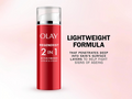 Olay Regenerist 2-in-1 serum and cream bottle on a pink background