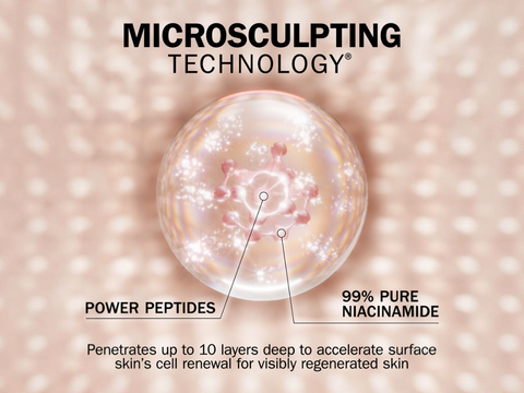 Microsculpting technology illustration with power peptides and 99% pure niacinamide on a pink background.