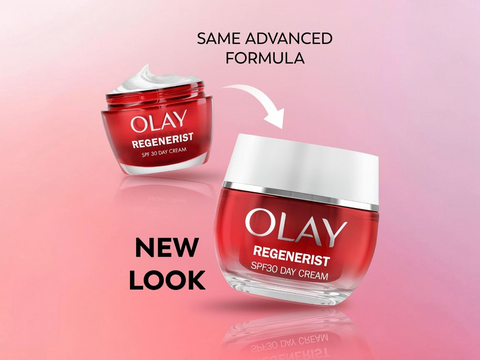 Two Olay Regenerist cream jars with a pink gradient background