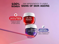 Olay skincare products with text on a gradient background