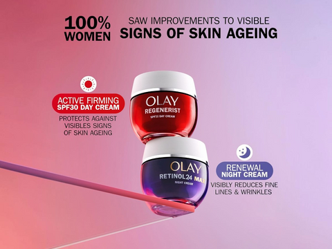 Olay skincare products with text on a gradient background