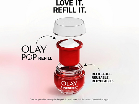 Olay Regenerist refillable cream jar with red lid on a white background
