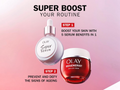 Olay Super Serum and Regenerist cream with product features on a pink background