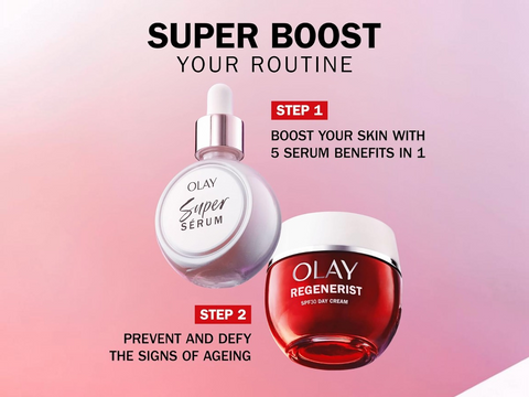Olay Super Serum and Regenerist cream with product features on a pink background