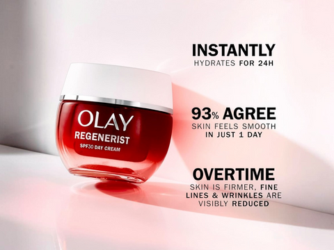 Olay Regenerist skincare product with promotional text on a light background