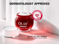 Olay Regenerist skincare cream jar with a lid on a white background, featuring 'Dermatologist Approved' label.
