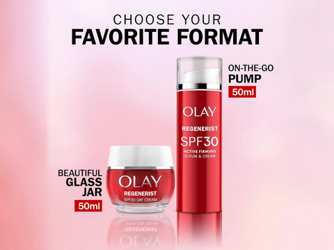 Olay Regenerist skincare products with text 'Choose Your Favorite Format' on a gradient background.