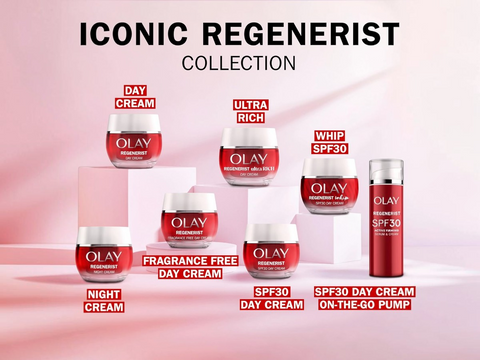 Olay Regenerist skincare products with product names on a pink background