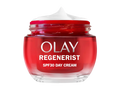 Red jar of Olay Regenerist SPF30 Day Cream on a white background