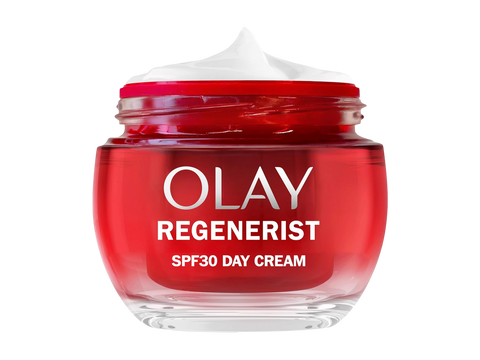 Red jar of Olay Regenerist SPF30 Day Cream on a white background