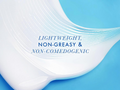 Text 'Lightweight, Non-Greasy & Non-Comedogenic' on a blue and white background