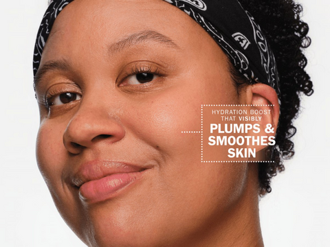 Close-up of a woman's face with text about skin hydration and smoothing.