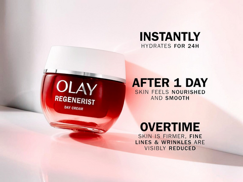 Olay Regenerist day cream jar with text highlighting product benefits on a white background