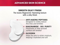 Cosmetic product with text about advanced skin science, smooth silky finish, anti-aging peptides, niacinamide, and glycerin on a white background.