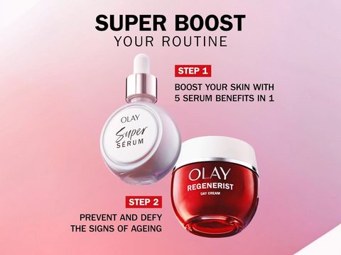 Olay Super Serum and Regenerist Day Cream on a pink background with text about skincare benefits.