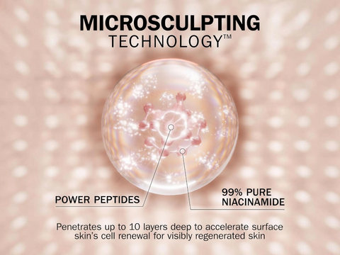 Illustration of microsculpting technology with power peptides and 99% pure niacinamide on a pink background.