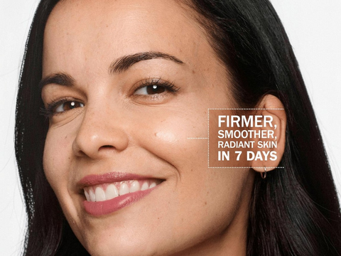 Woman with text 'Firmer, Smoother, Radiant Skin in 7 Days' on a white background