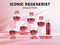 Olay Regenerist skincare products with product names on a pink background