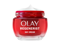 Red jar of Olay Regenerist day cream on a white background