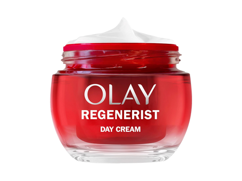 Red jar of Olay Regenerist day cream on a white background