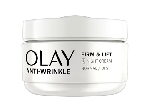 Olay Anti-Wrinkle Firm & Lift night cream jar on a white background