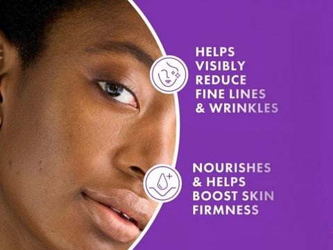 Advertisement for skincare product with a woman's face and text on a purple background